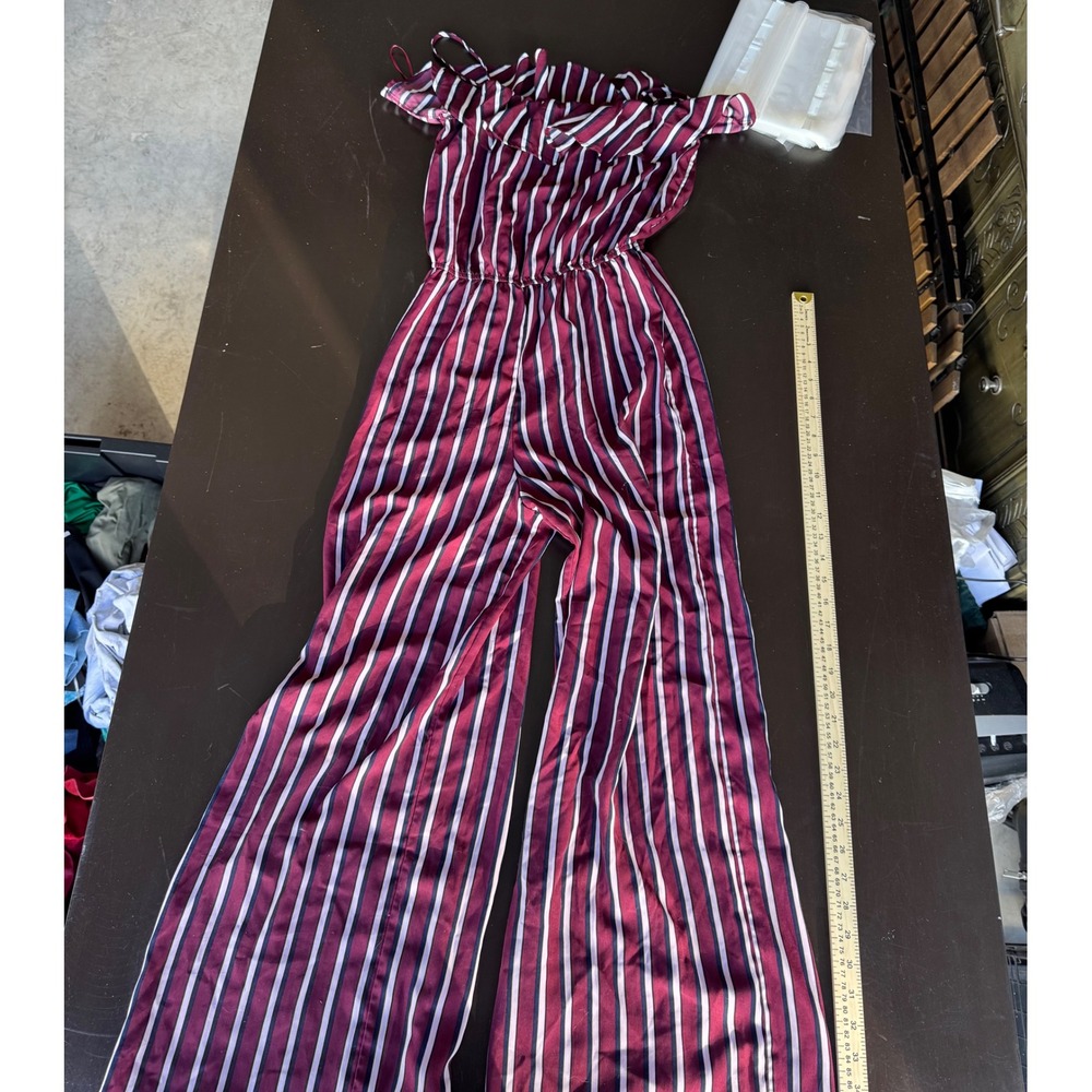 Ambiance Burgundy Striped Off Shoulder Wide Leg Jumpsuit Small